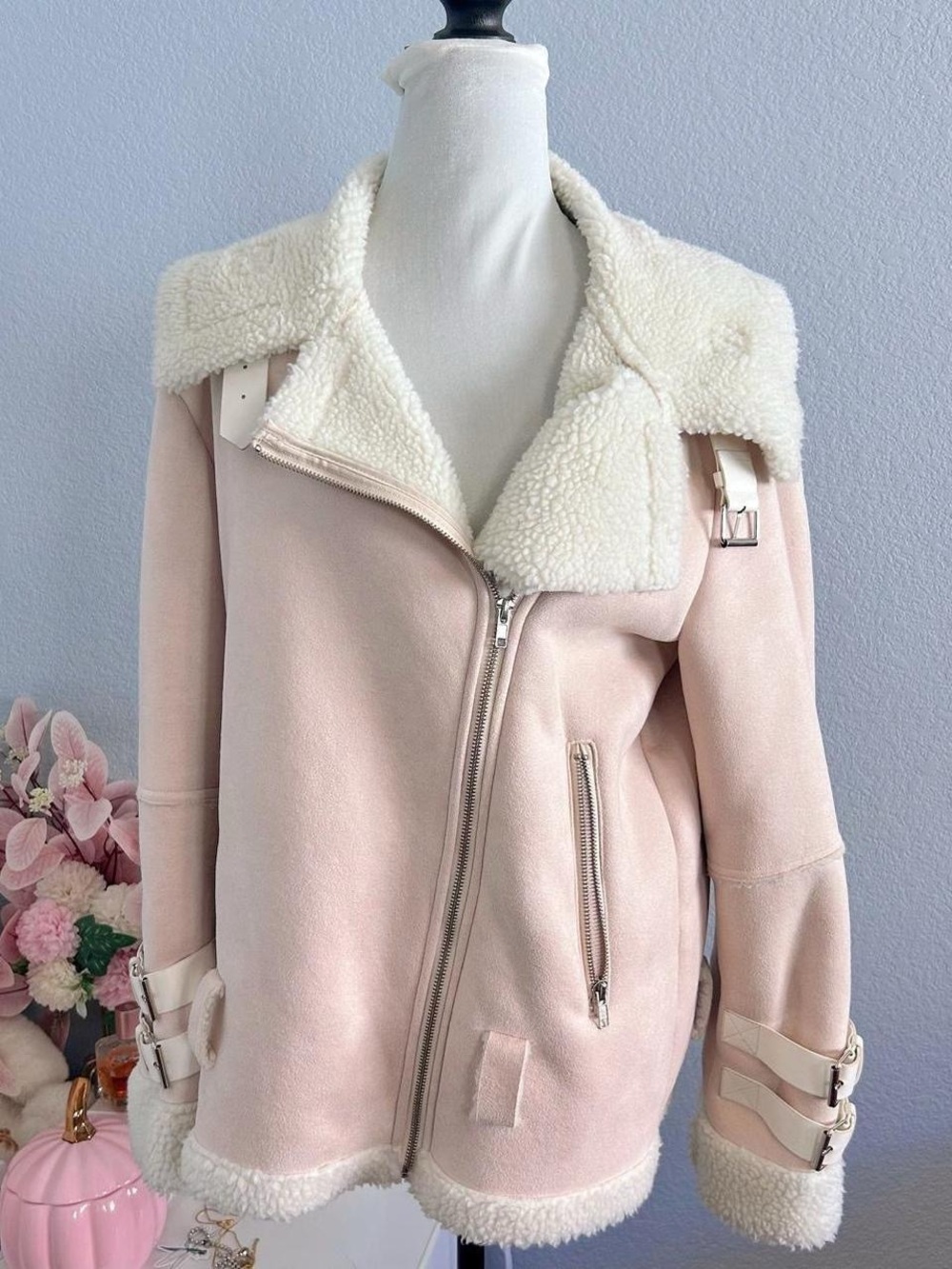 Y2K Forever 21 Faux Cream Suede Sherpa Moto Oversized Coat